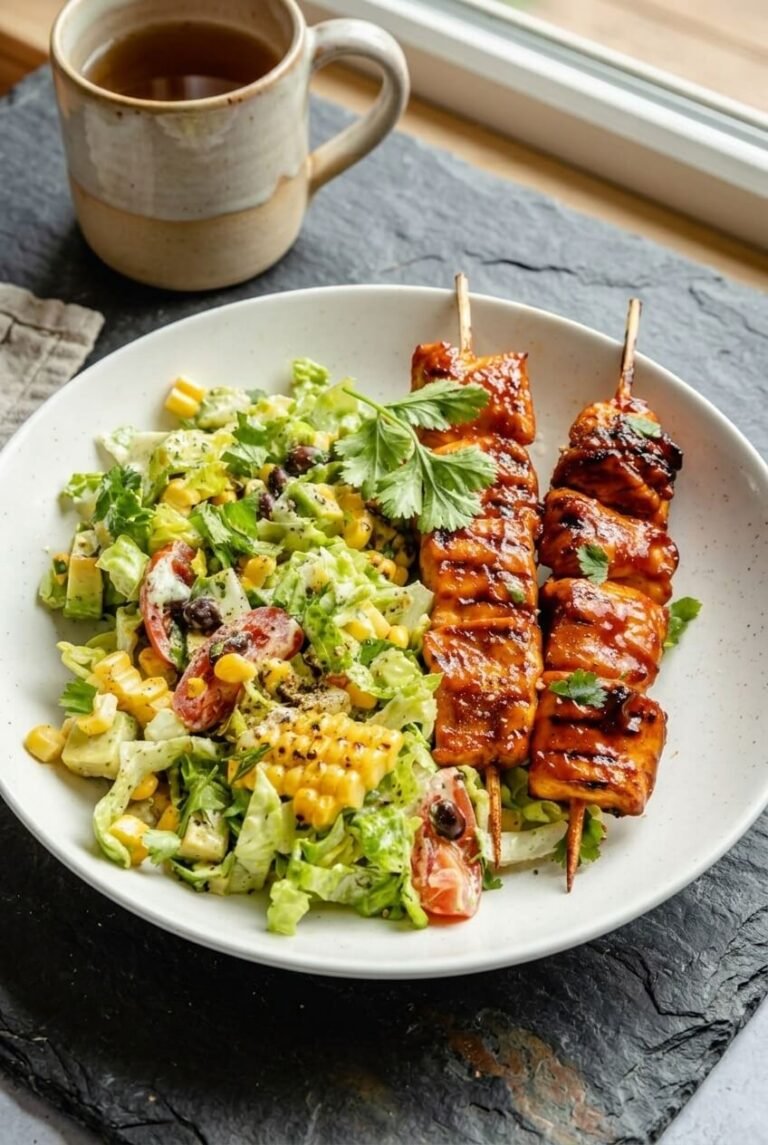 bbq chicken skewers with southwestern salad recipe - BBQ Chicken Skewers with Southwestern Salad served in a white bowl overhead view