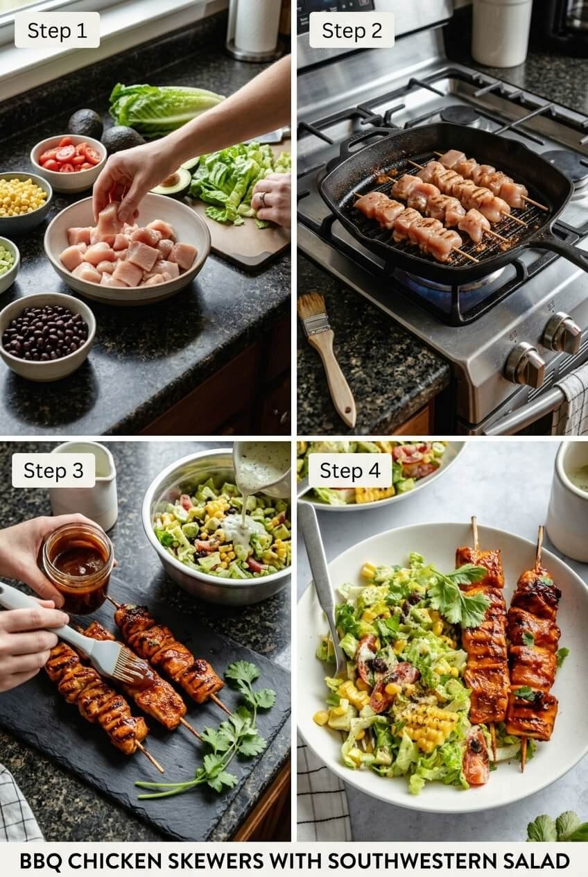 cooking BBQ Chicken Skewers with Southwestern Salad step by step
