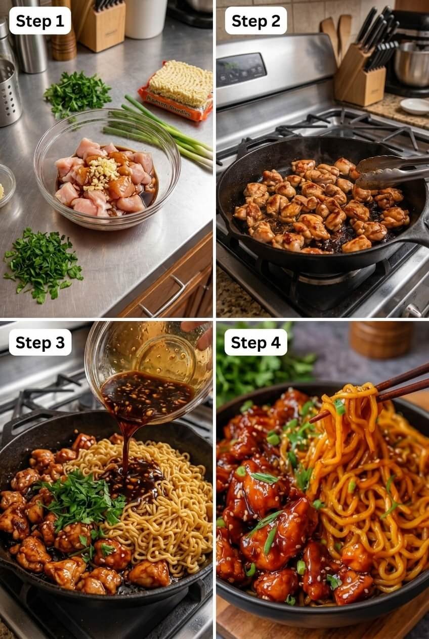 cooking Sticky Garlic Chicken Noodles step by step