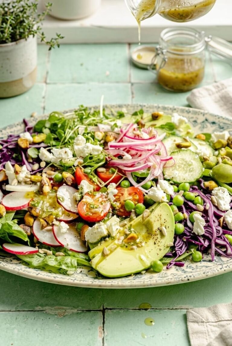 everything spring green salad recipe - Everything Spring Green Salad served in a white bowl overhead view