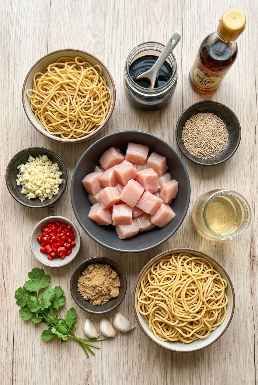 ingredients for Sticky Garlic Chicken Noodles