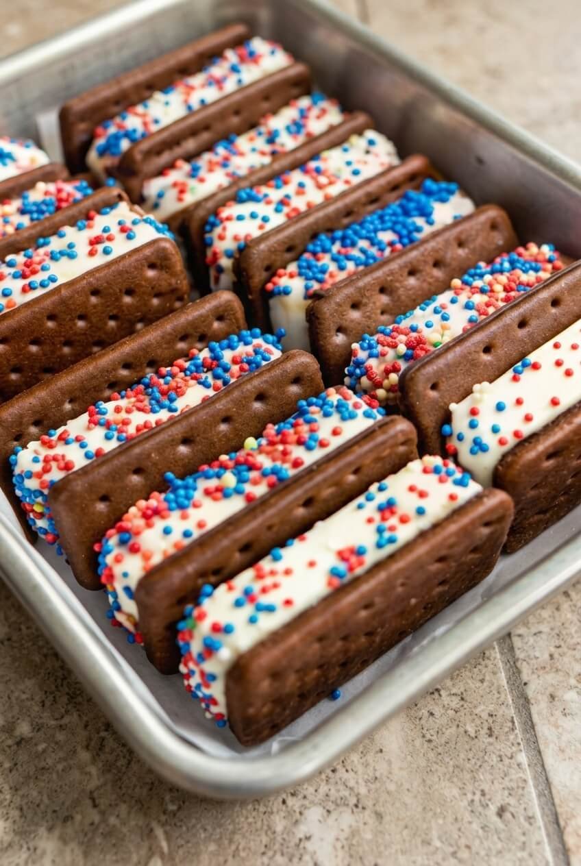 patriotic mini ice cream sandwiches recipe - Patriotic Mini Ice Cream Sandwiches served in a white bowl overhead view