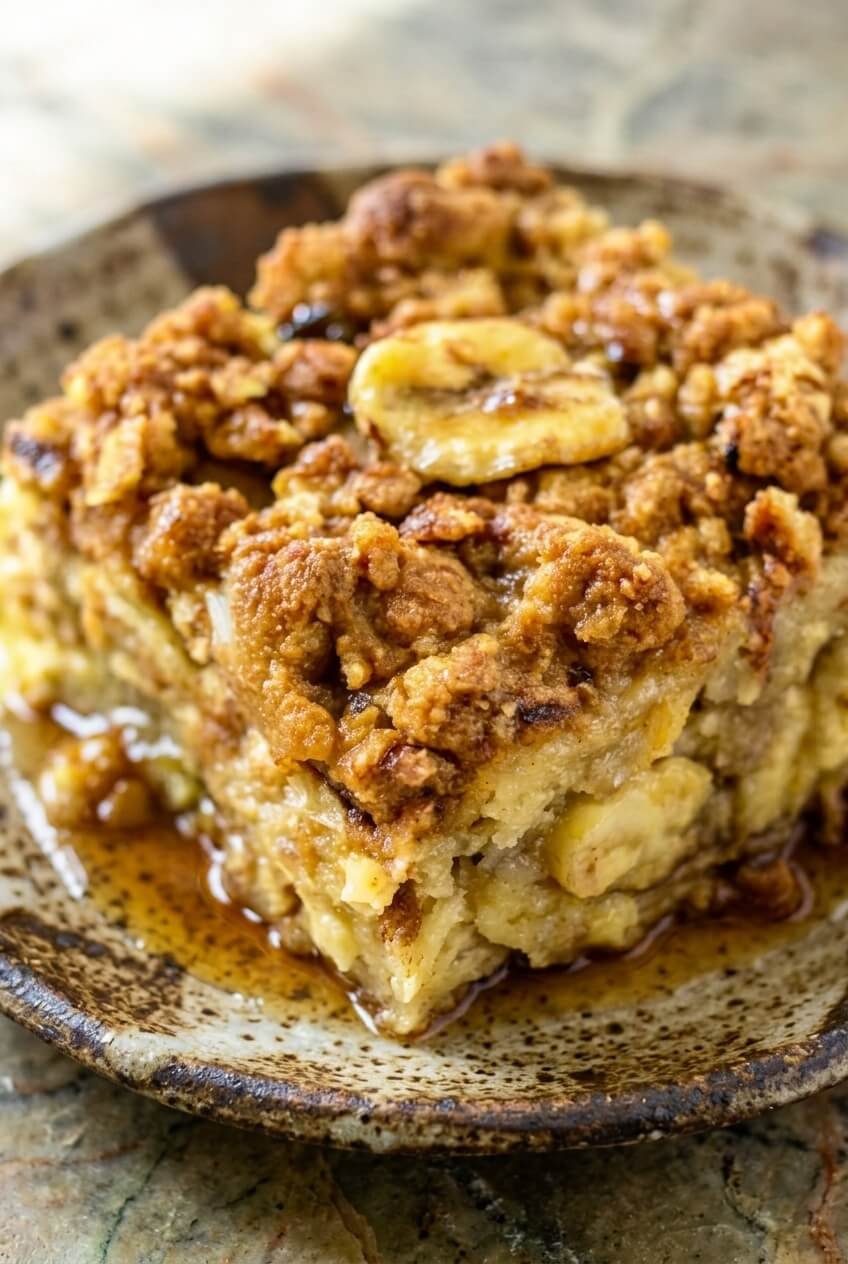 banana french toast casserole recipe - Banana French Toast Casserole served in a white bowl overhead view