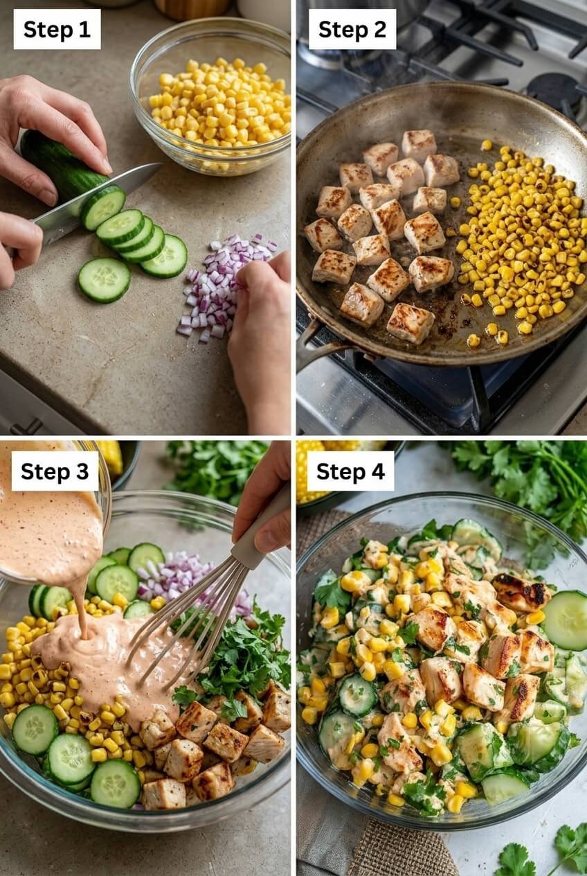 cooking Street Corn Creamy Cucumber Chicken Salad step by step