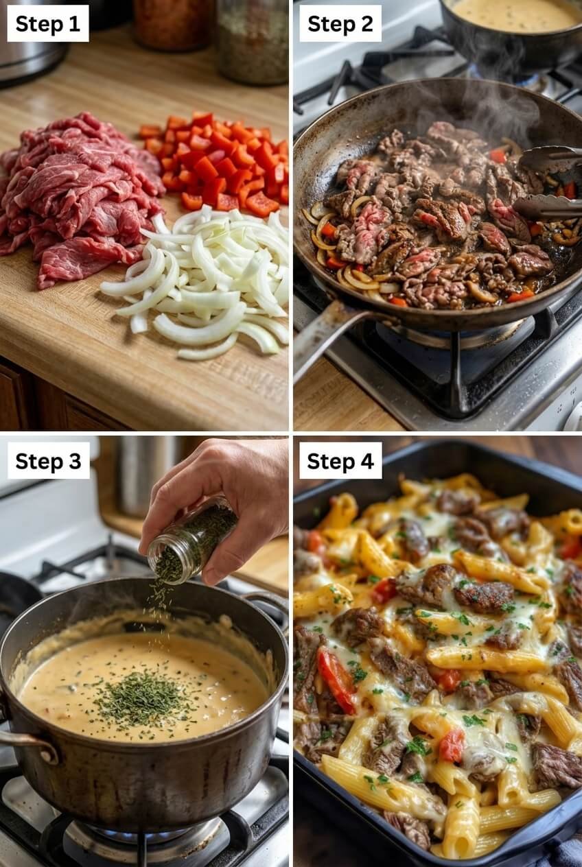 cooking Delicious Philly Cheese Steak Pasta step by step