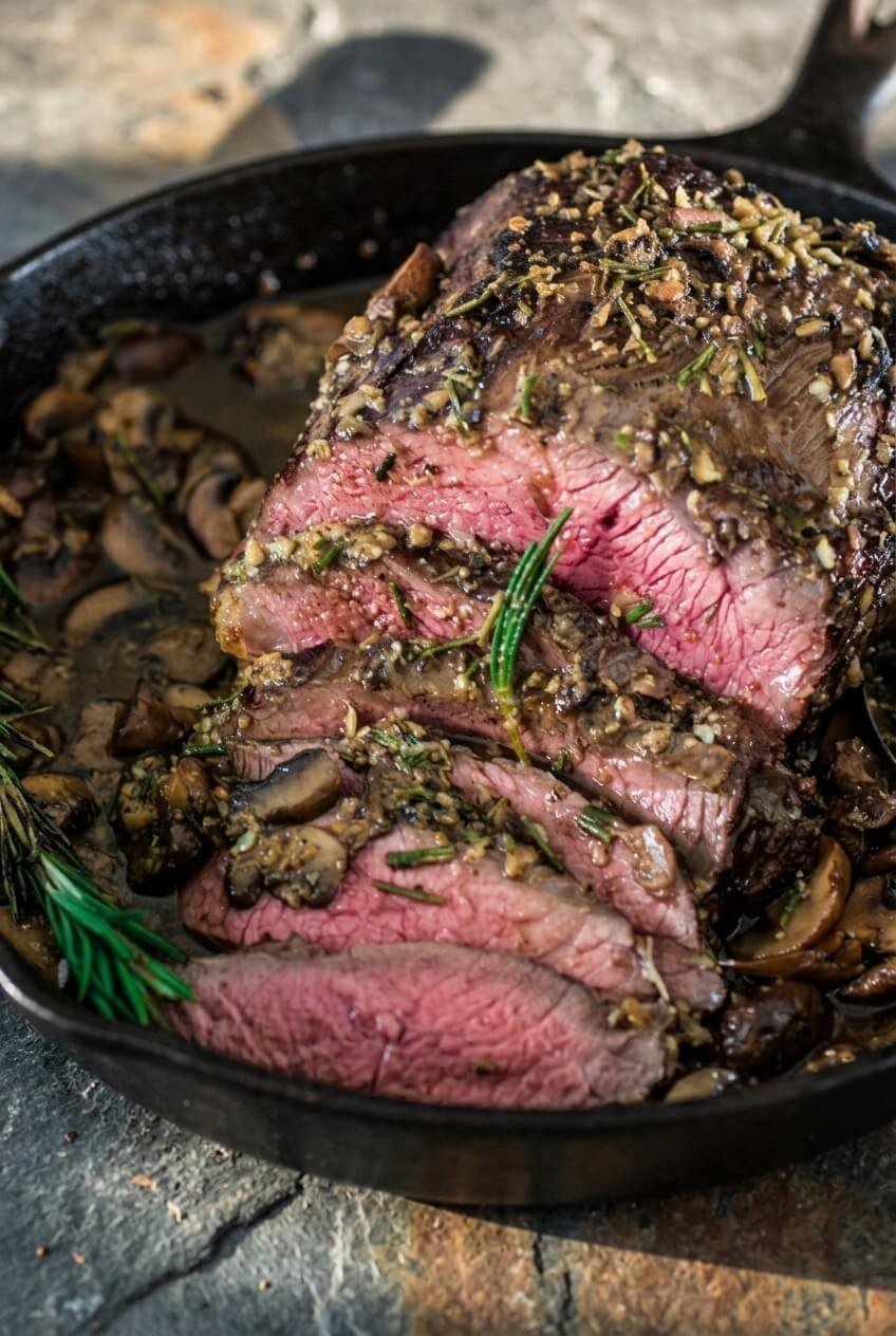 rosemary & garlic roast beef recipe - Rosemary & Garlic Roast Beef served in a white bowl overhead view