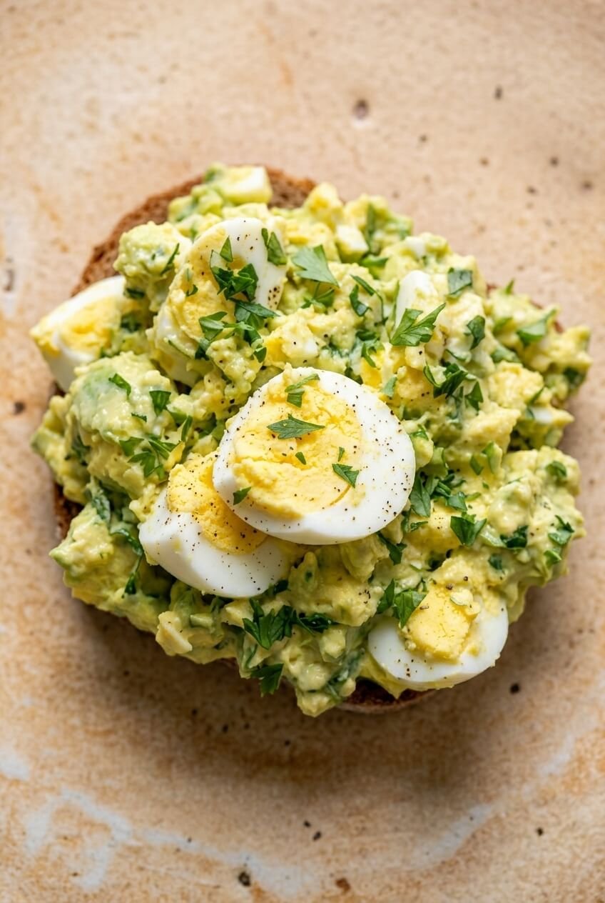 avocado egg salad recipe - Avocado Egg Salad served in a white bowl overhead view