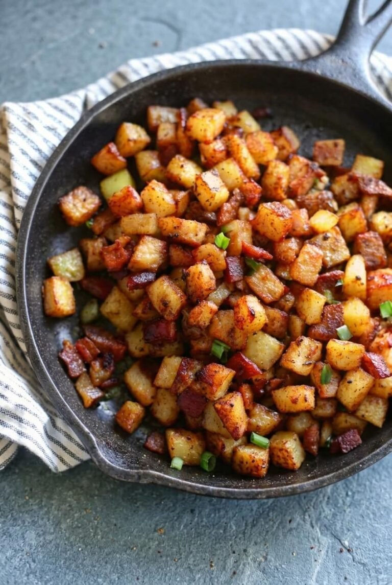 crispy bangin' breakfast potatoes recipe - CRISPY BANGIN' BREAKFAST POTATOES served in a white bowl overhead view