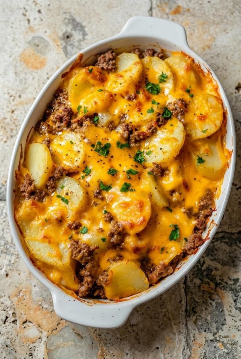 the best hobo casserole ground beef recipe - The Best Hobo Casserole Ground Beef served in a white bowl overhead view