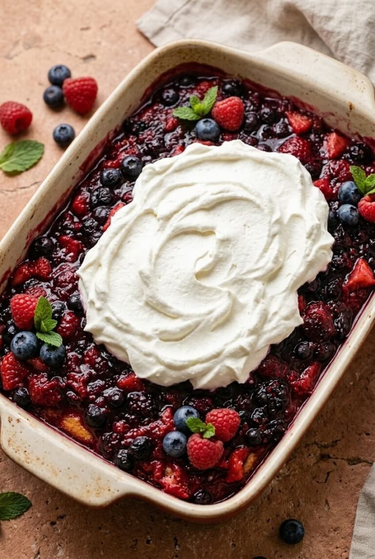 summer berry poke cake recipe - Summer Berry Poke Cake served in a white bowl overhead view