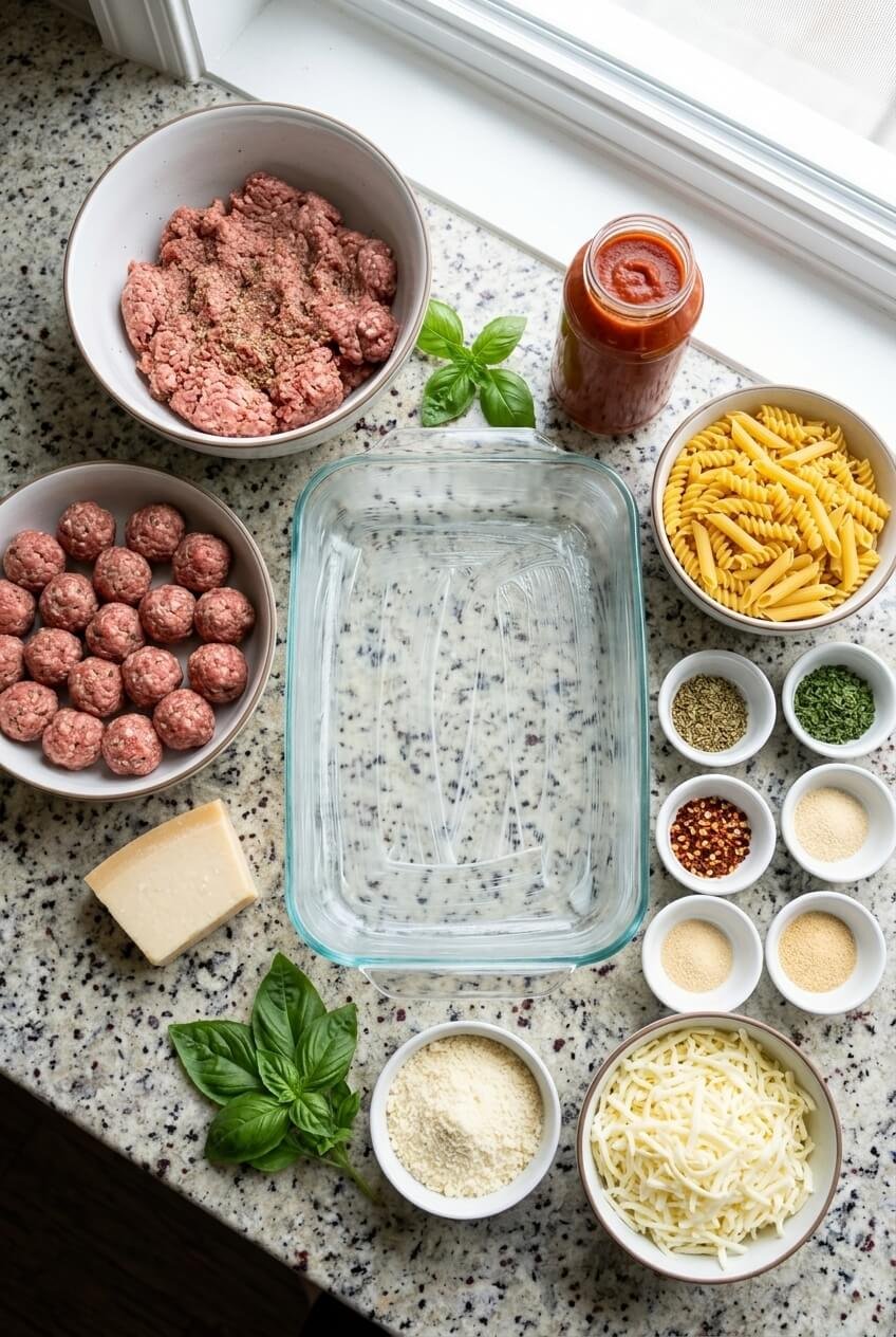 ingredients for Dump and Bake Meatball Casserole