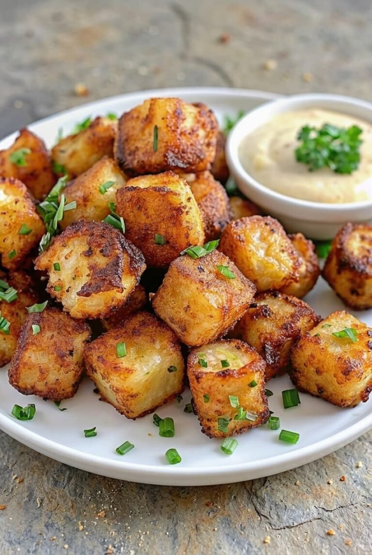 crispy hashbrown sausage bites recipe - Crispy Hashbrown Sausage Bites served in a white bowl overhead view