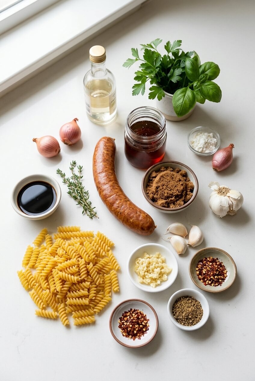ingredients for Sticky Honey Garlic Sausage Pasta Skillet