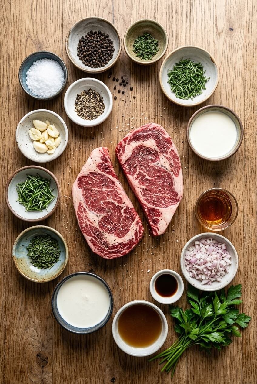 ingredients for Steak with Bourbon Garlic Cream Sauce