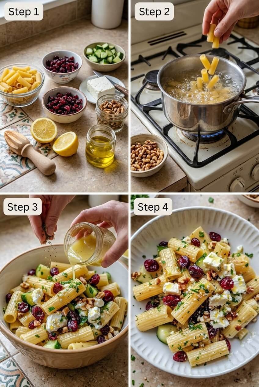 cooking Feta & Cranberry Rigatoni Salad with Lemon Vinaigrette step by step