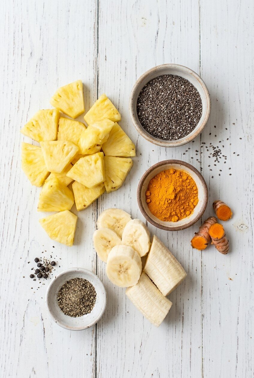 ingredients for Anti-Inflammatory Pineapple Banana Turmeric Chia Seed Smoothie