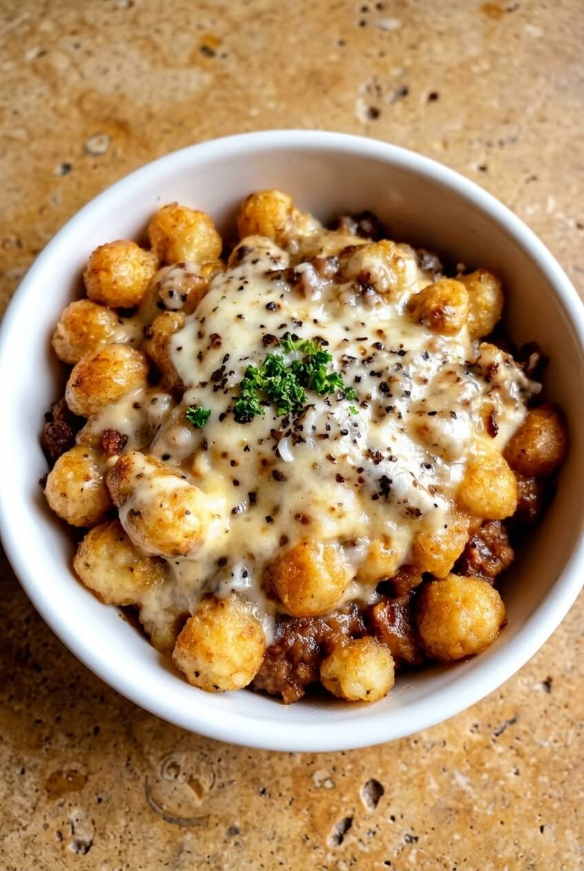 tater tot breakfast bowls recipe - Tater Tot Breakfast Bowls served in a white bowl overhead view