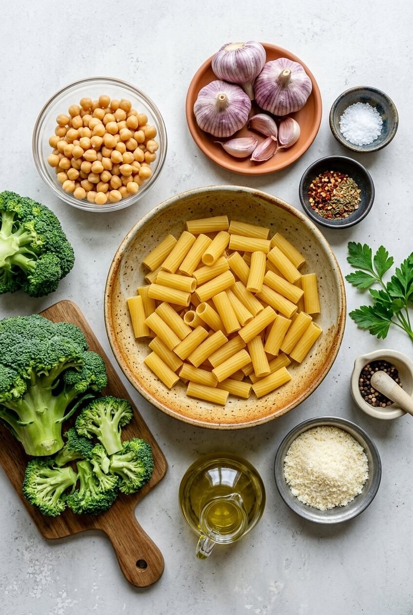 ingredients for Broccoli Chickpea Pasta with Garlic Olive Oil