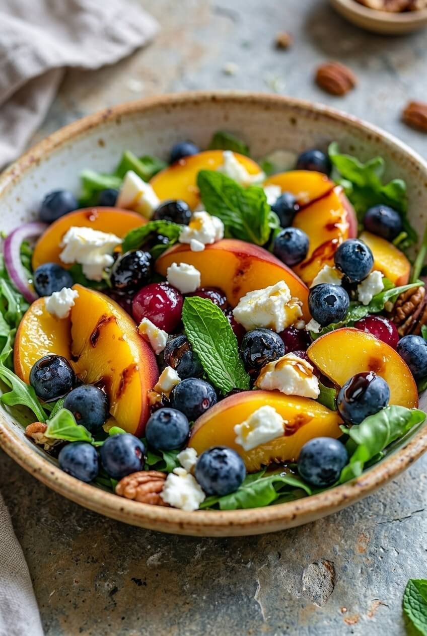 blueberry peach feta salad recipe - Blueberry Peach Feta Salad served in a white bowl overhead view