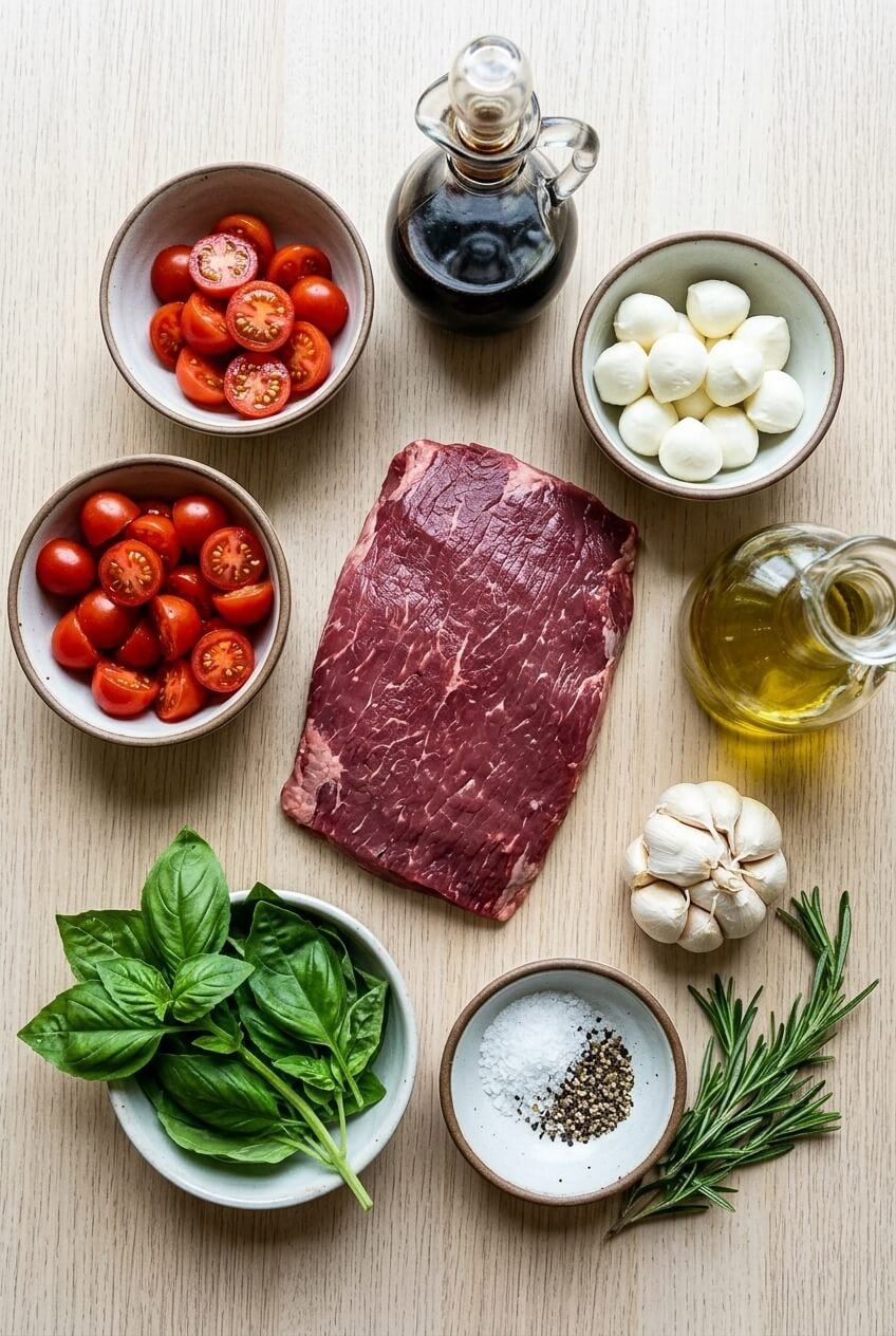 ingredients for Grilled Flank Steak Caprese with Balsamic Dressing