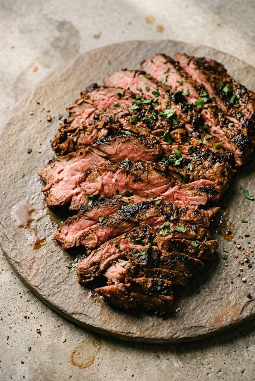 extra tender marinated skirt steak recipe - Extra Tender Marinated Skirt Steak served in a white bowl overhead view