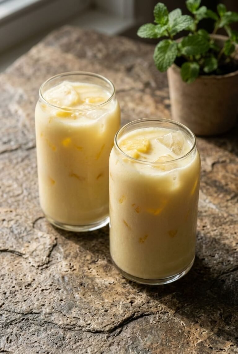 pineapple coconut refresher recipe - Pineapple Coconut Refresher served in a white bowl overhead view