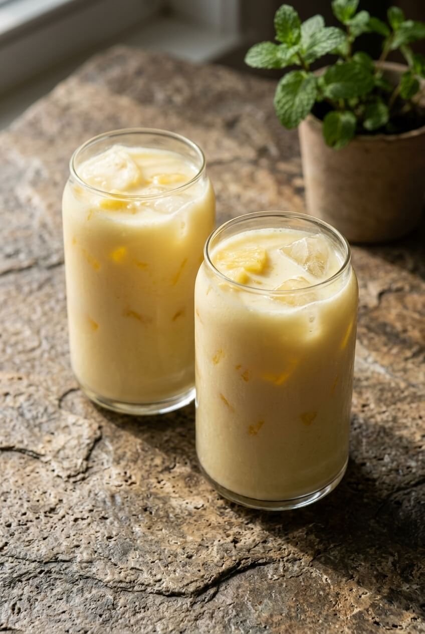 pineapple coconut refresher recipe - Pineapple Coconut Refresher served in a white bowl overhead view