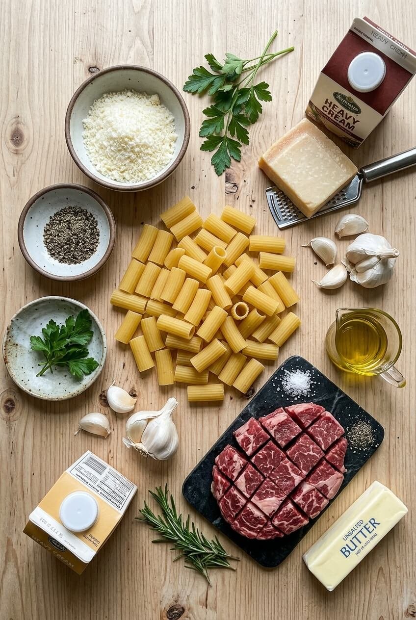 ingredients for Creamy Parmesan Pasta with Garlic Steak