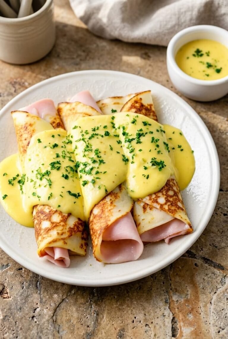 savory breakfast crepes recipe - Savory Breakfast Crepes served in a white bowl overhead view