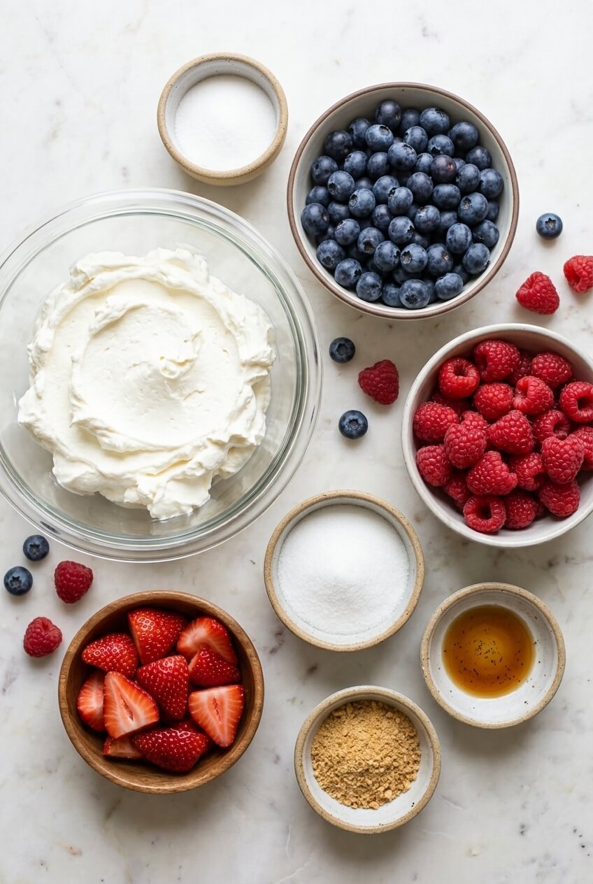 ingredients for Red White and Blue Cheesecake Salad