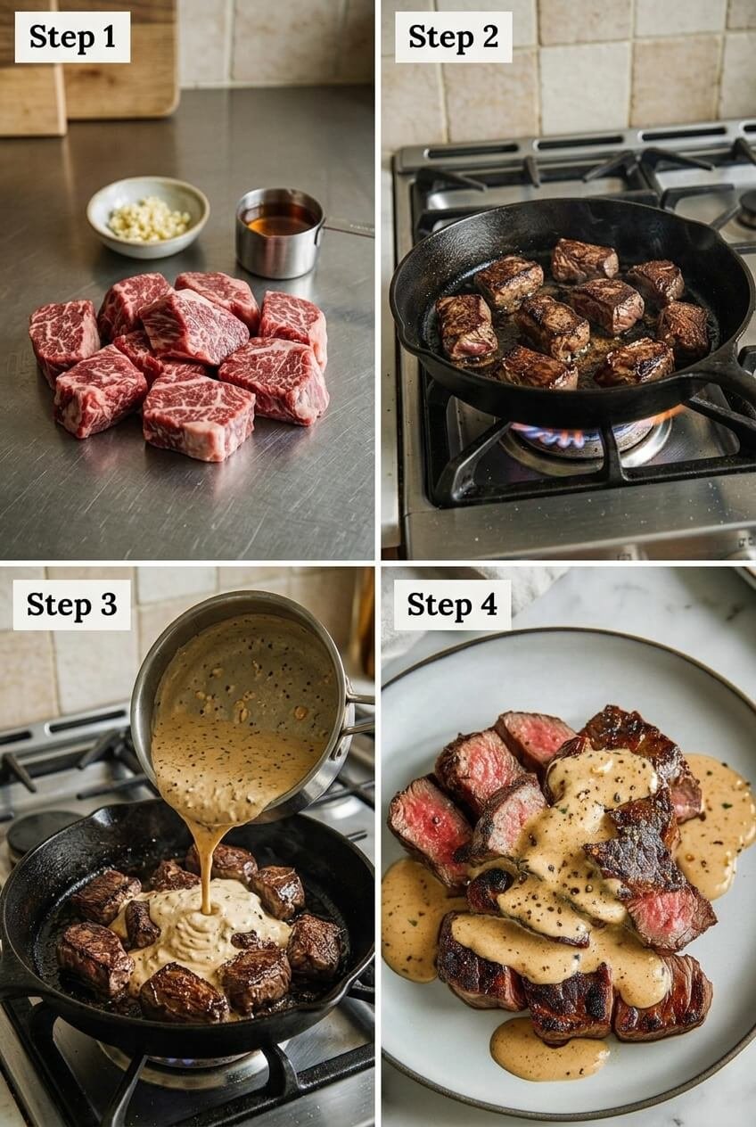 cooking Steak with Bourbon Garlic Cream Sauce step by step