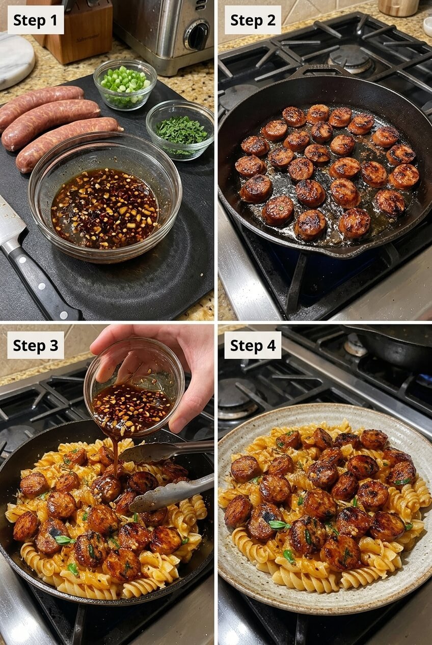 cooking Sticky Honey Garlic Sausage Pasta Skillet step by step