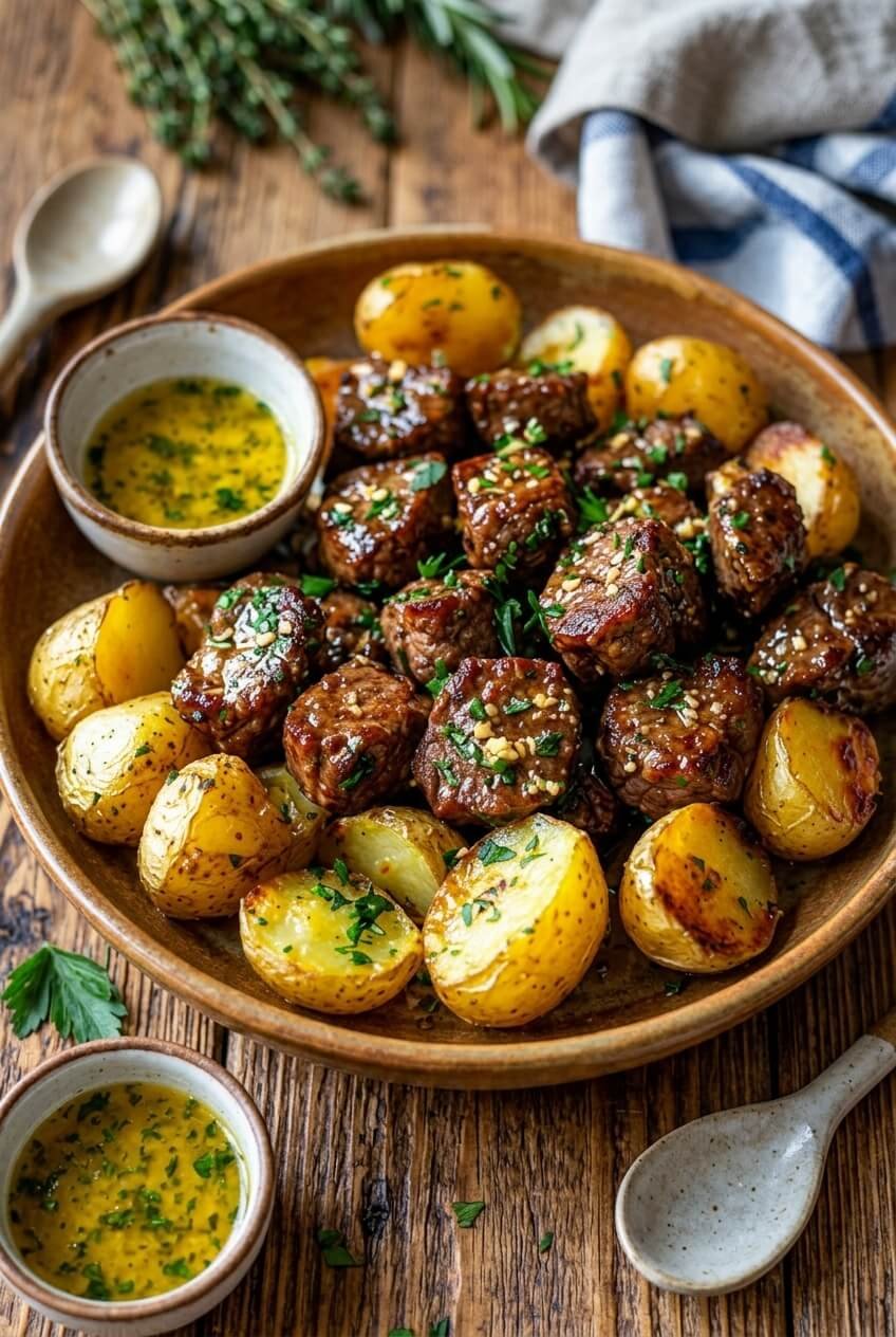 high protein slow cooker garlic butter beef bites recipe - High Protein Slow Cooker Garlic Butter Beef Bites served in a white bowl overhead view