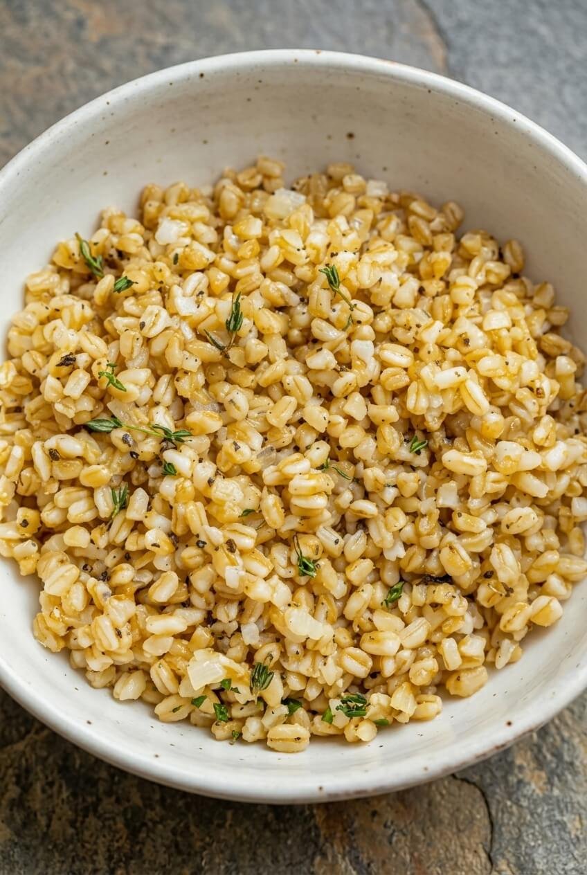 easy toasted barley side recipe - Easy Toasted Barley Side served in a white bowl overhead view