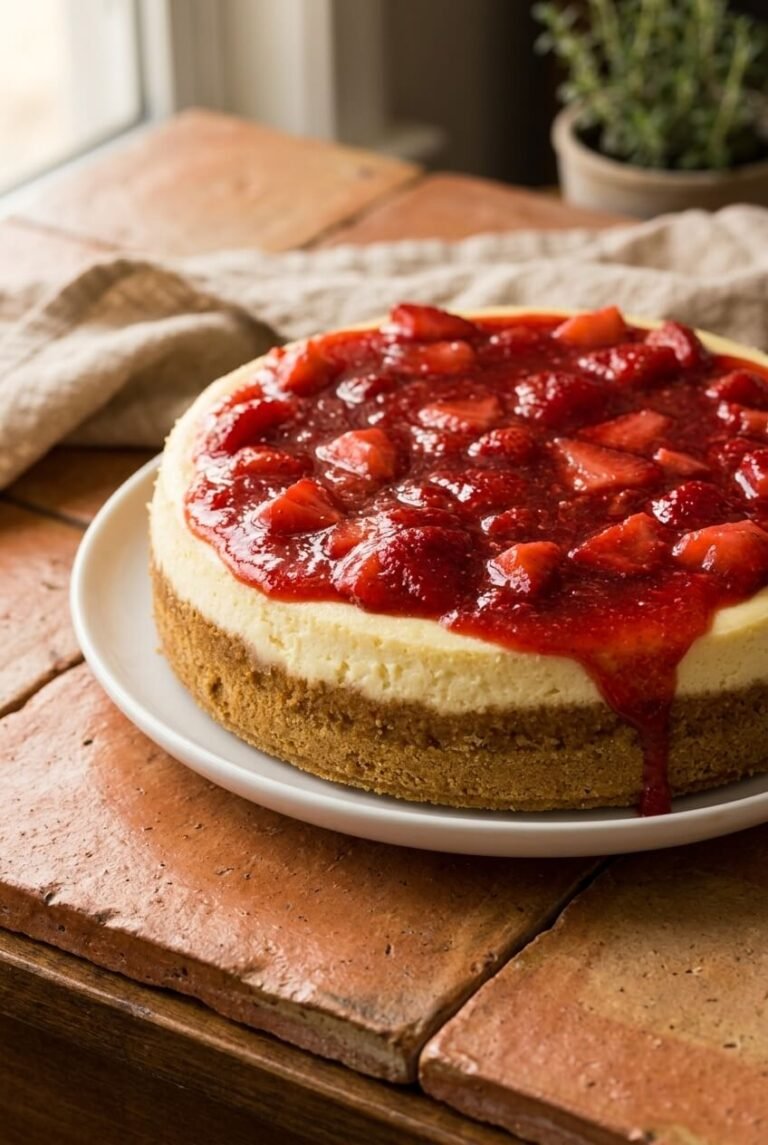 strawberry cheesecake recipe - Strawberry Cheesecake served in a white bowl overhead view