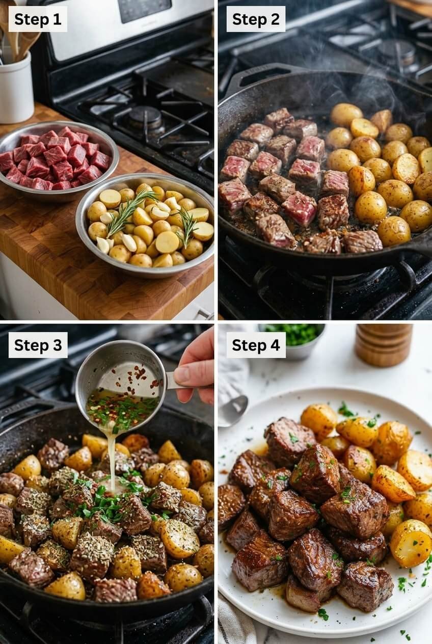 cooking GARLIC STEAK AND POTATOES step by step