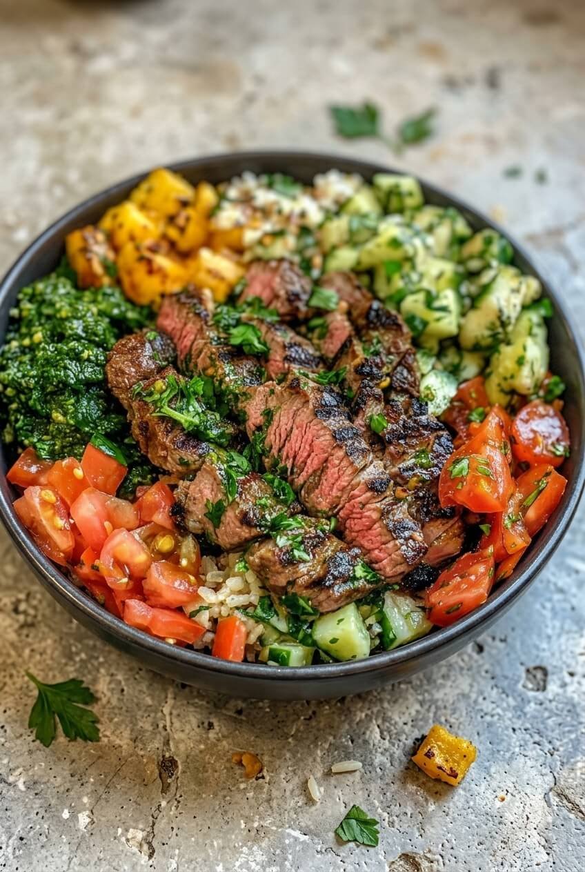 mediterranean steak bowl recipe - Mediterranean Steak Bowl served in a white bowl overhead view