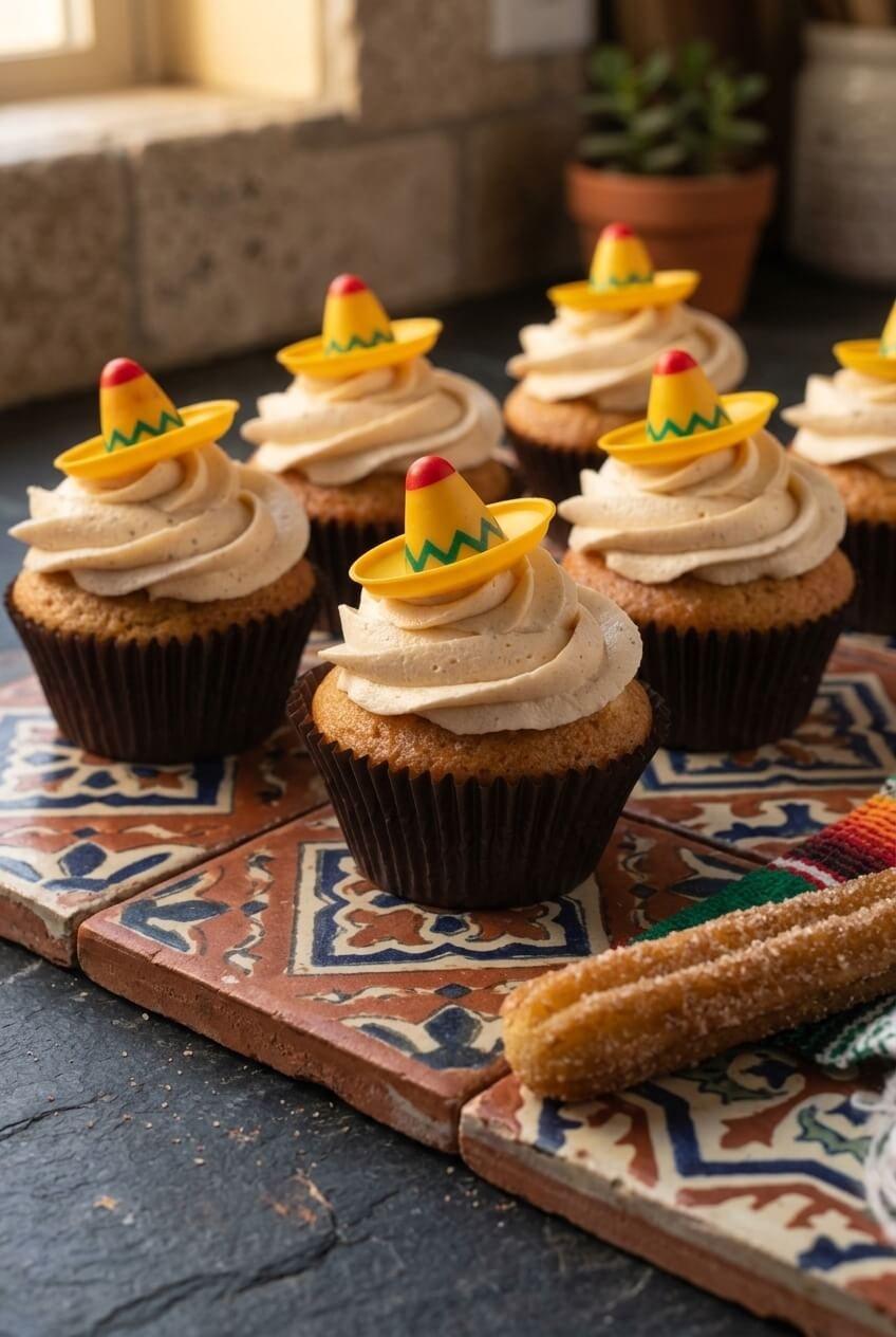 cinco de mayo churro cupcakes recipe - Cinco de Mayo Churro Cupcakes served in a white bowl overhead view