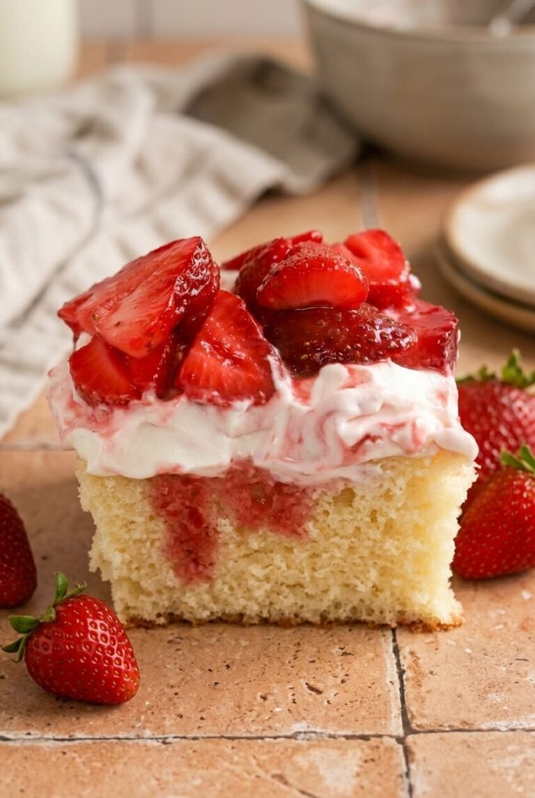 strawberry shortcake cake recipe - Strawberry Shortcake Cake served in a white bowl overhead view