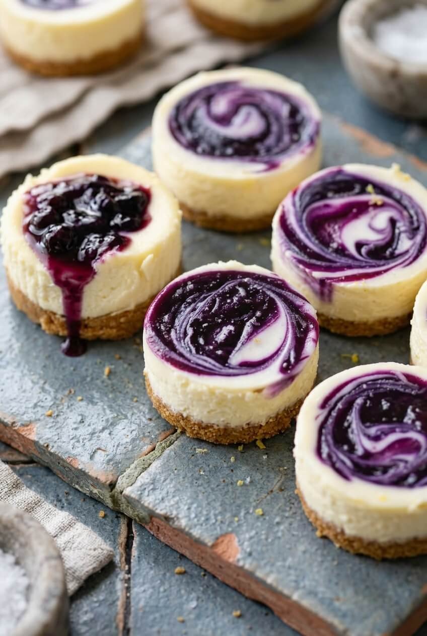 mini lemon blueberry cheesecakes recipe - Mini Lemon Blueberry Cheesecakes served in a white bowl overhead view