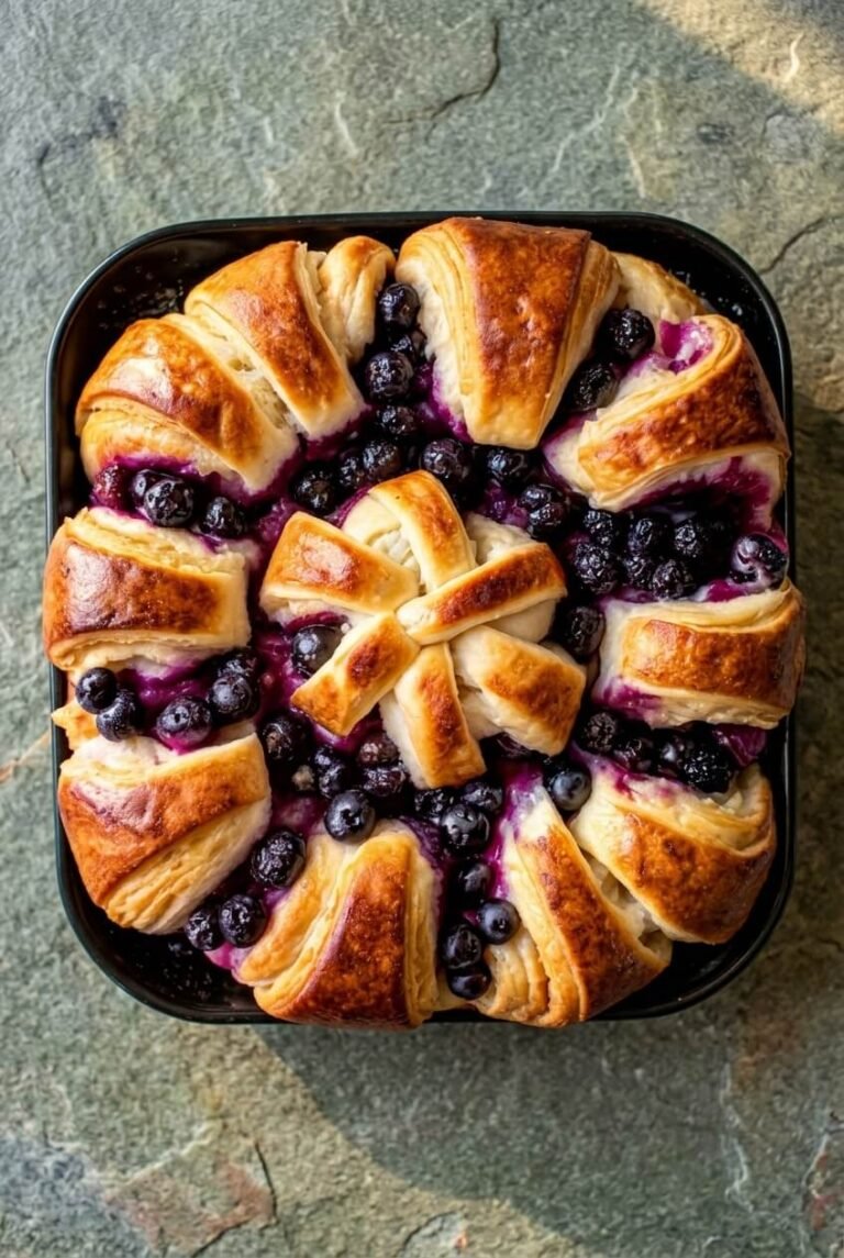 blueberry cream cheese croissant casserole recipe - Blueberry Cream Cheese Croissant Casserole served in a white bowl overhead view