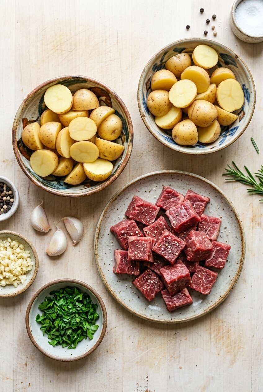 ingredients for GARLIC STEAK AND POTATOES