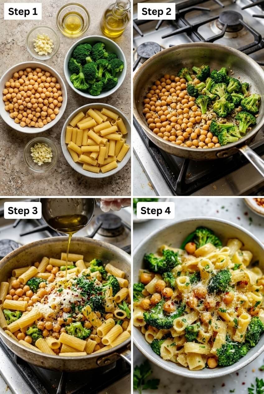 cooking Broccoli Chickpea Pasta with Garlic Olive Oil step by step