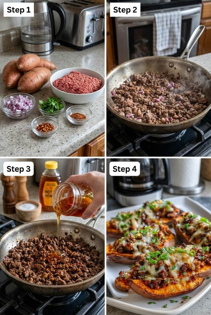 cooking Hot Honey Ground Beef & Sweet Potato Boats step by step
