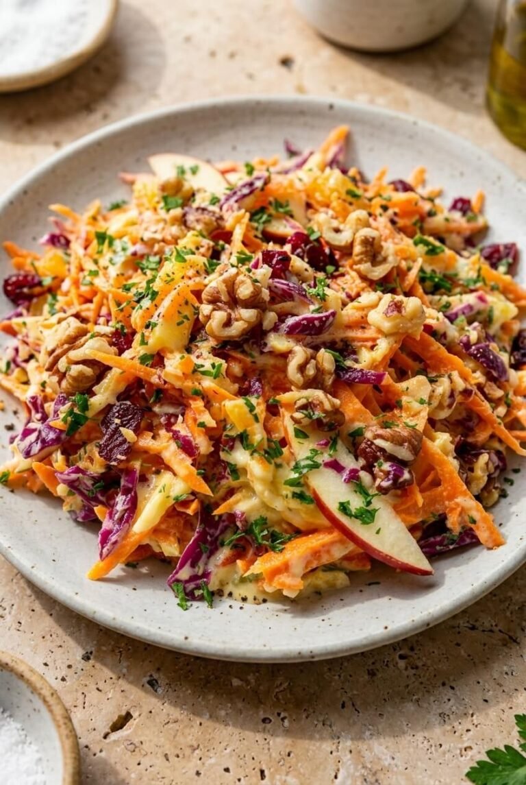 crunchy apple carrot salad with creamy citrus dressing recipe - Crunchy Apple Carrot Salad with Creamy Citrus Dressing served in a white bowl overhead view