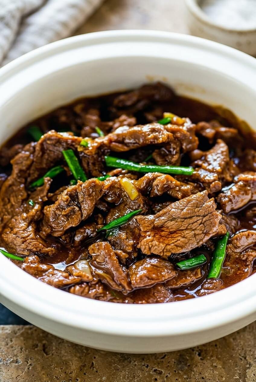 ultimate slow cooker mongolian beef for busy weeknights recipe - Ultimate Slow Cooker Mongolian Beef for Busy Weeknights served in a white bowl overhead view