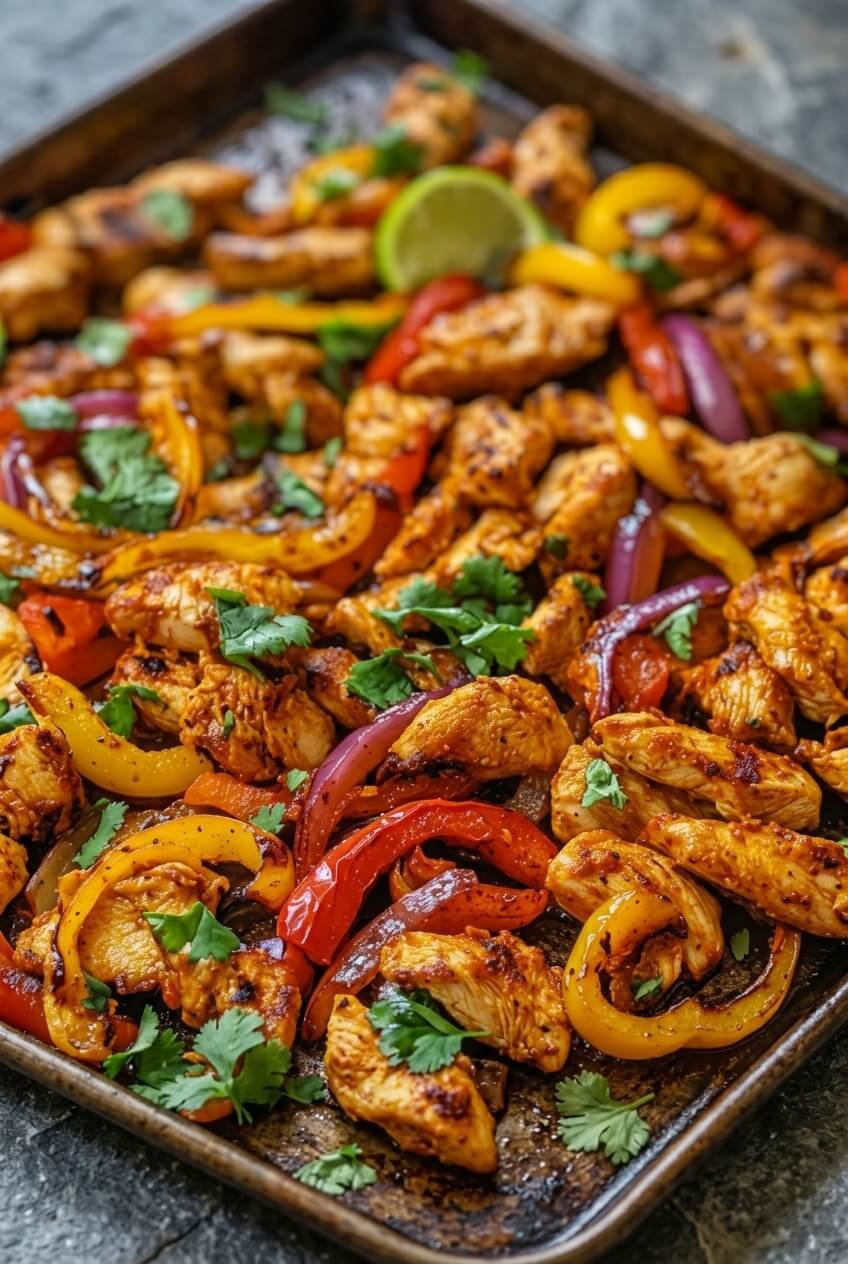 sheet pan chicken fajitas recipe - Sheet Pan Chicken Fajitas served in a white bowl overhead view