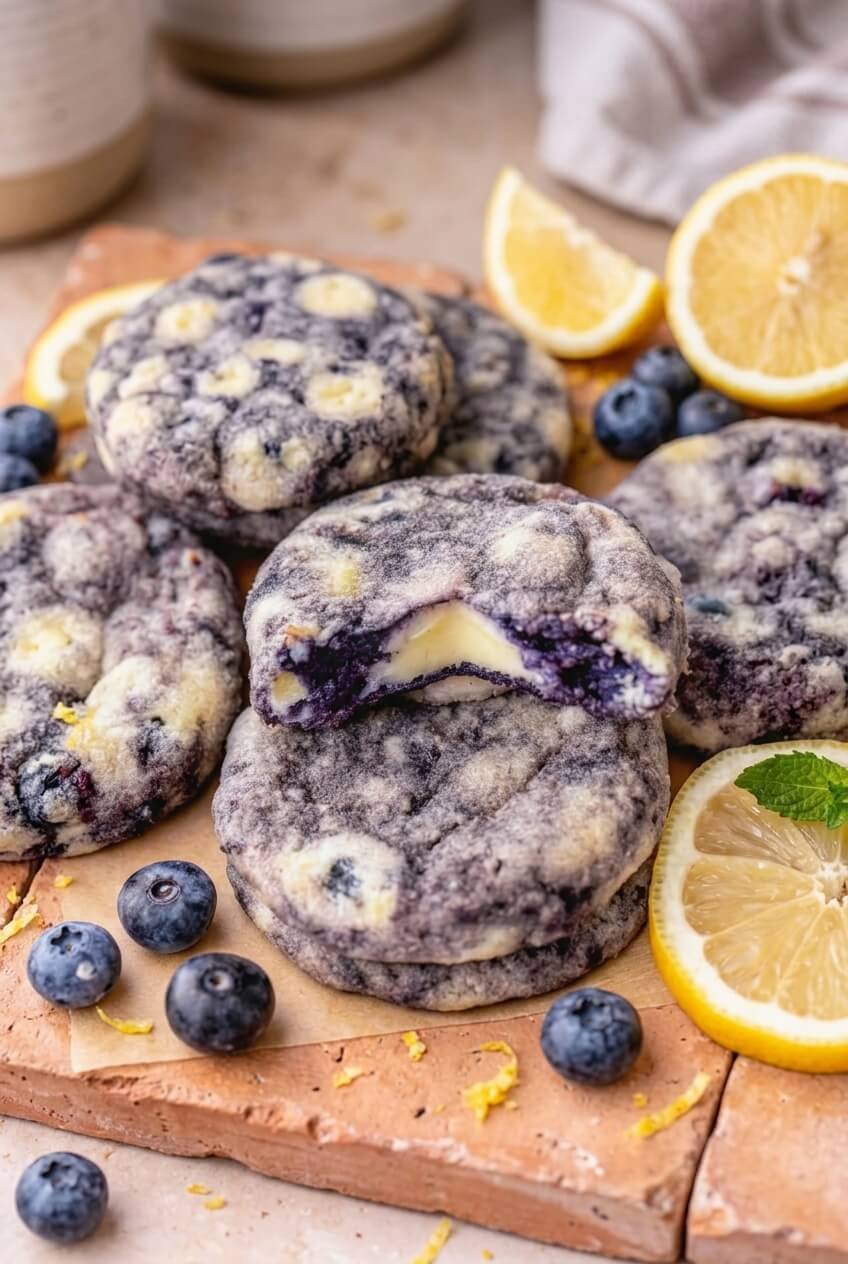 lemon blueberry cheesecake cookies recipe - Lemon Blueberry Cheesecake Cookies served in a white bowl overhead view
