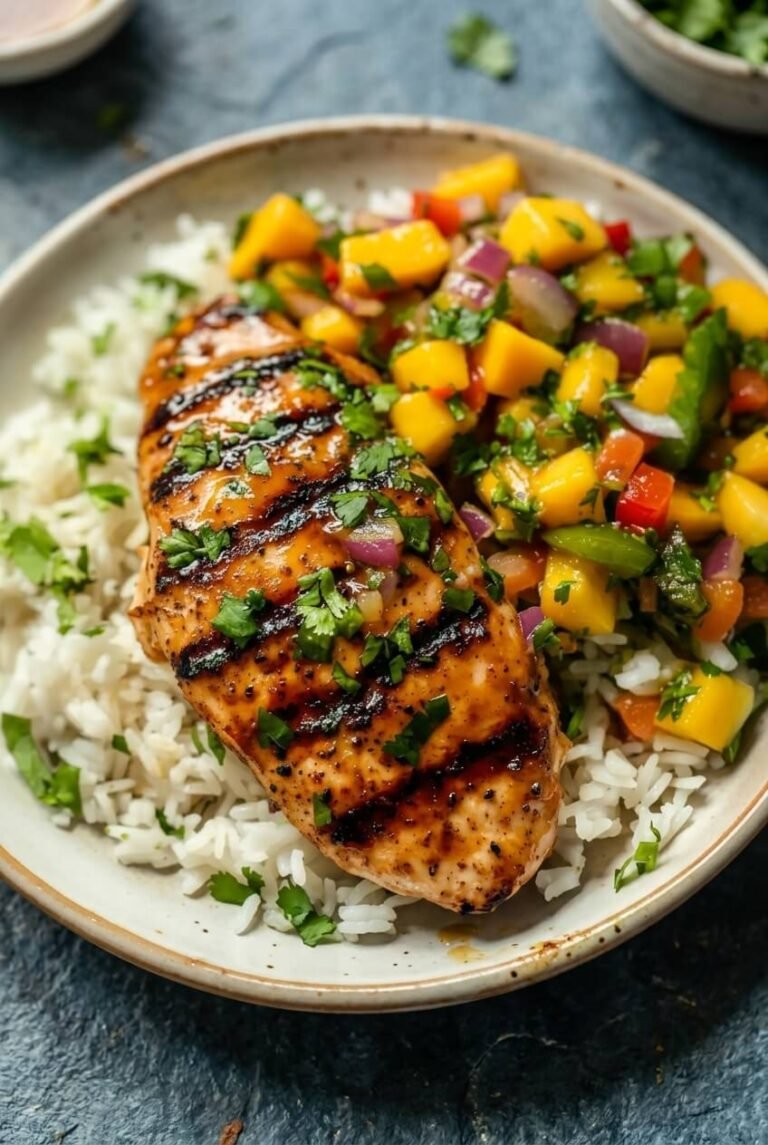 honey lime chicken with mango salsa recipe - Honey Lime Chicken with Mango Salsa served in a white bowl overhead view