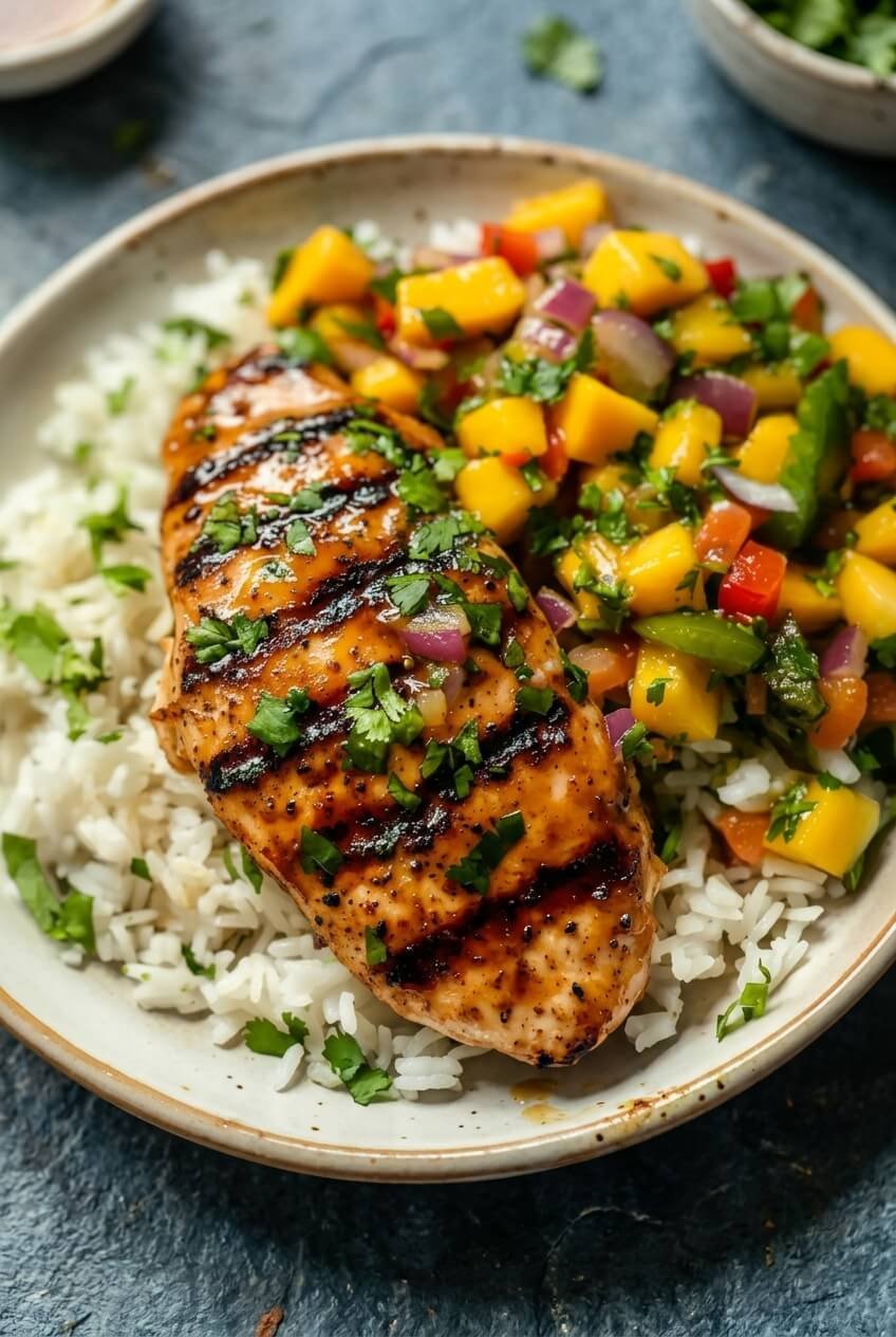 honey lime chicken with mango salsa recipe - Honey Lime Chicken with Mango Salsa served in a white bowl overhead view